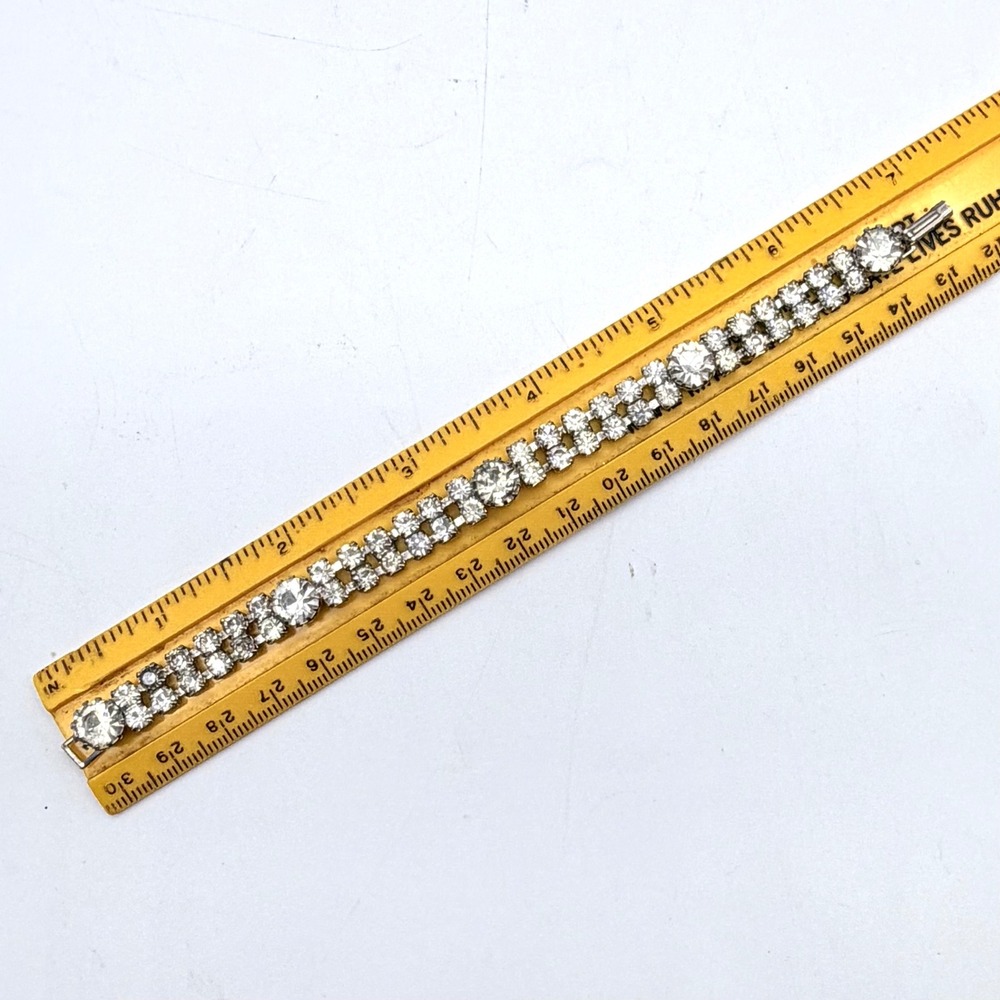Vintage Rhinestone Tennis Bracelet Double Row Silver Tone Clear Crystal 7 Inch - Picture 2 of 3